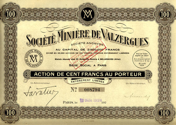 Action Société Minière de Valzergues - 1928